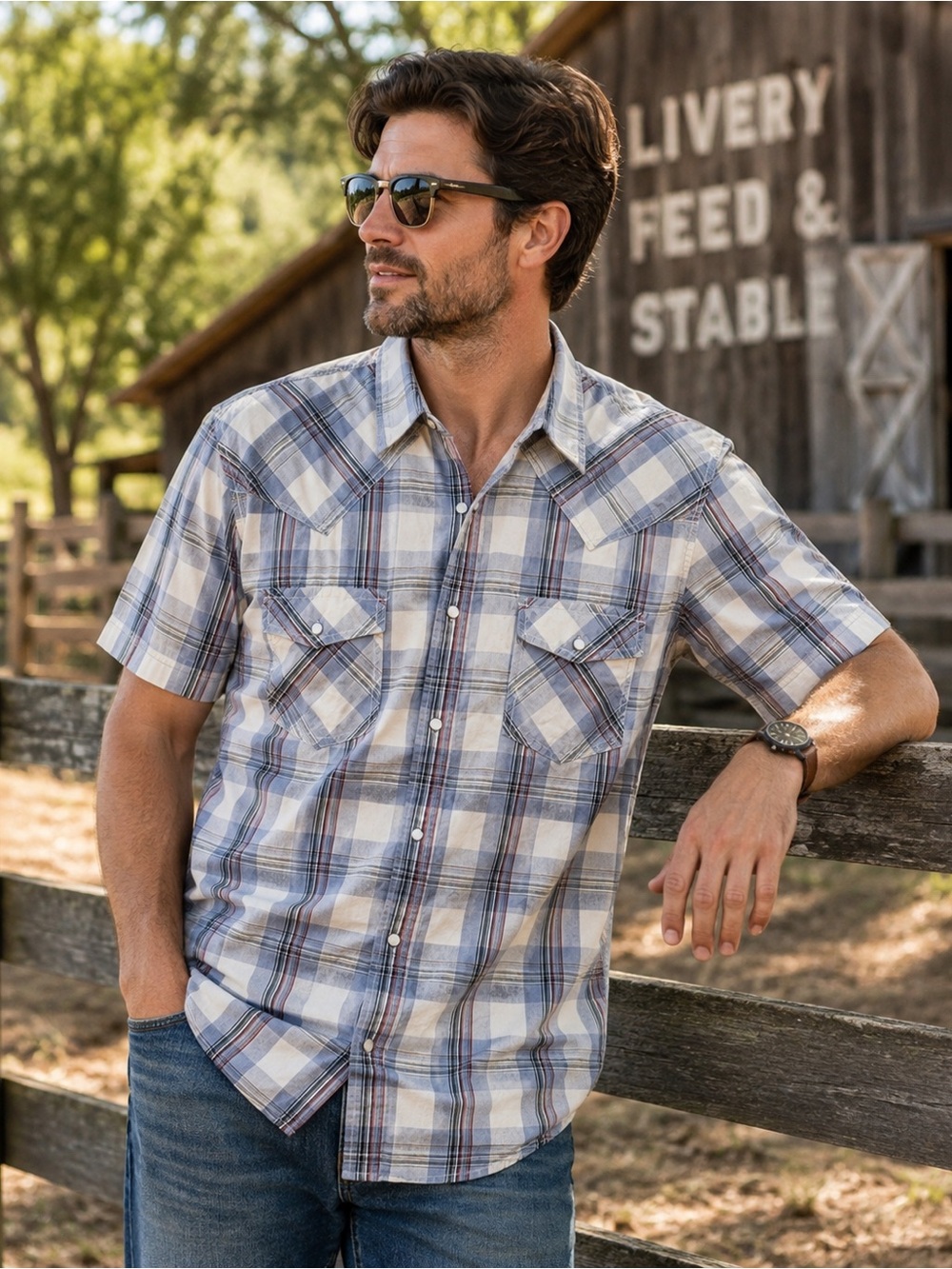 Sonoma Life + Style Men’s Medium Plaid Western Pearl Snap Short Sleeve Shirt